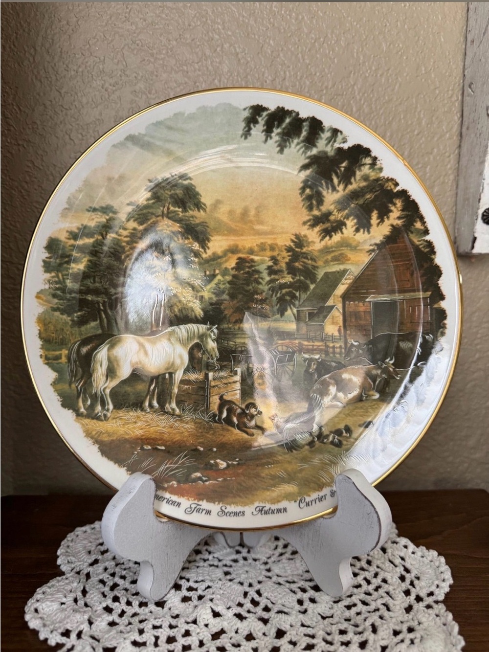 Decorative Farm Scene Porcelain Plate - White with Gold Trim by Currier & Ives
